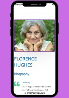Phone showing a memorial page for Florence Hughes with her photo and biography